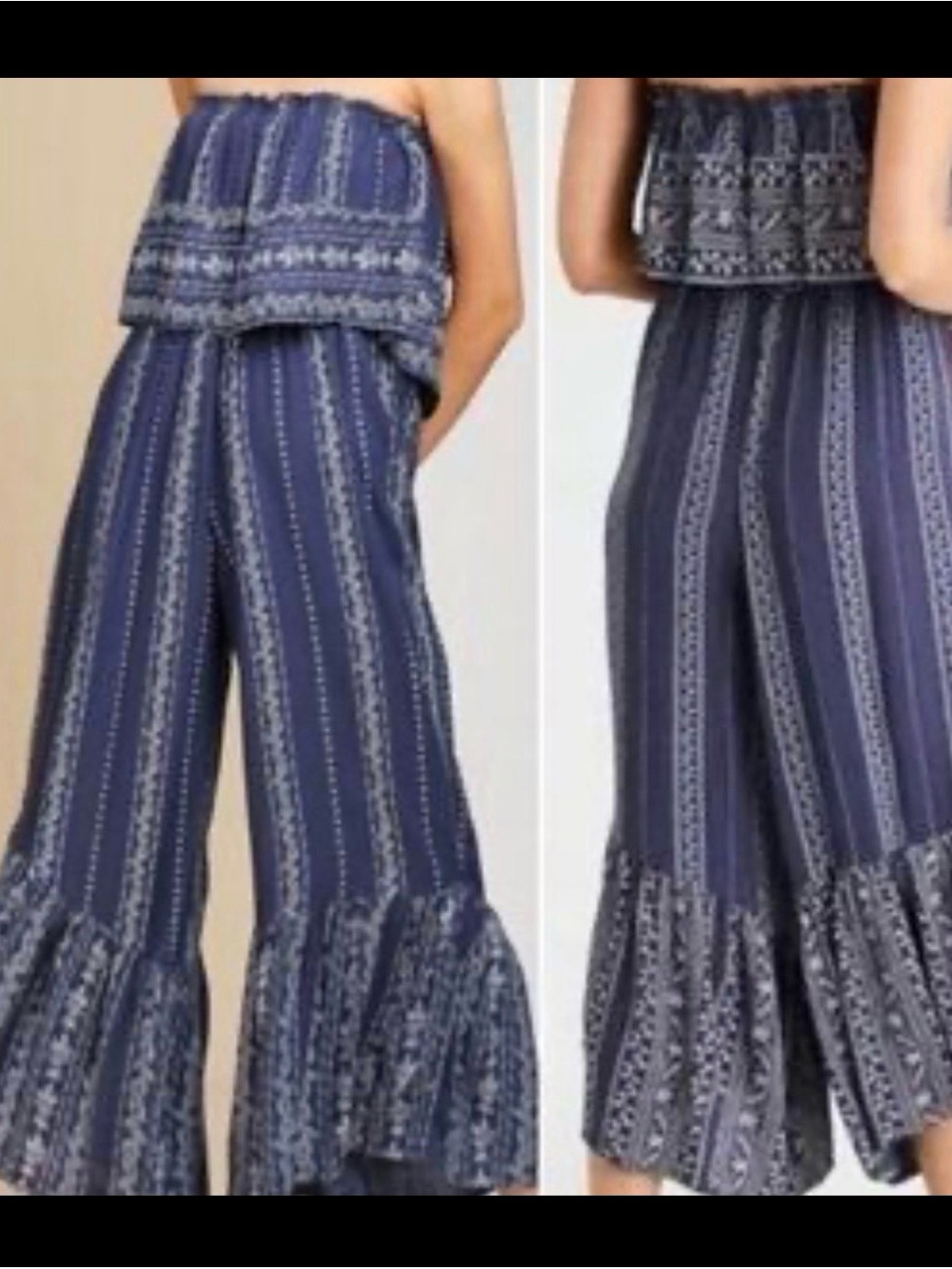 Japna Navy Striped Wide-Leg Ruffle-Hem Jumpsuit